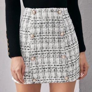 Double Button Plaid Tweed Skirt